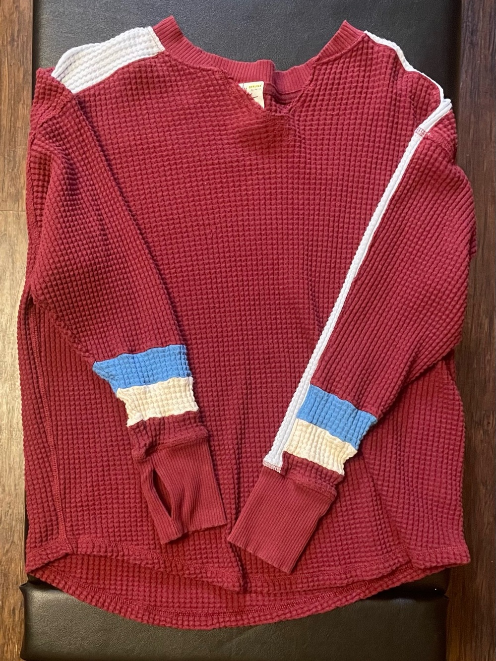 Aerie Red Waffle Knit Long Sleeve Top Colorblock Sleeve